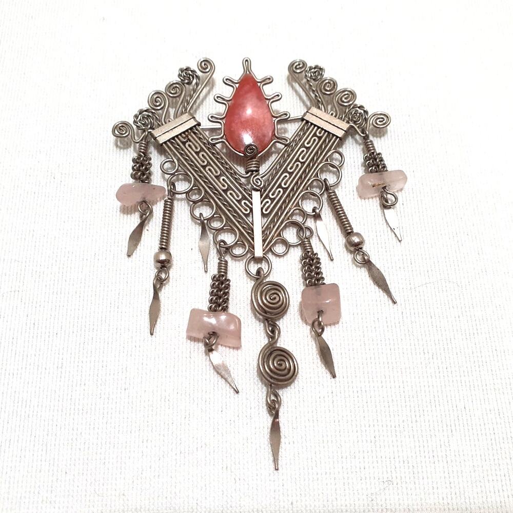 Vintage Mexican Alpaca Mayan Aztec Design Silver Tone Brooch